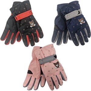 Girls Winter Ski Gloves w/ Bear Print Lined Hook & Loop Waterproof, 3 Pairs NWT